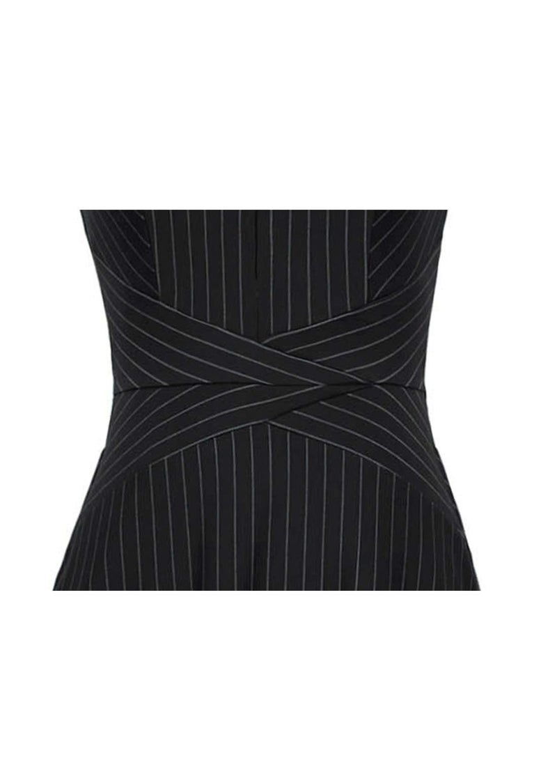 VFSHOW Womens Black and White Striped Print Elegant Slim Zipper up Pockets Work Business Office Party Skater A-Line Dress 2350 BLK M - Image 5